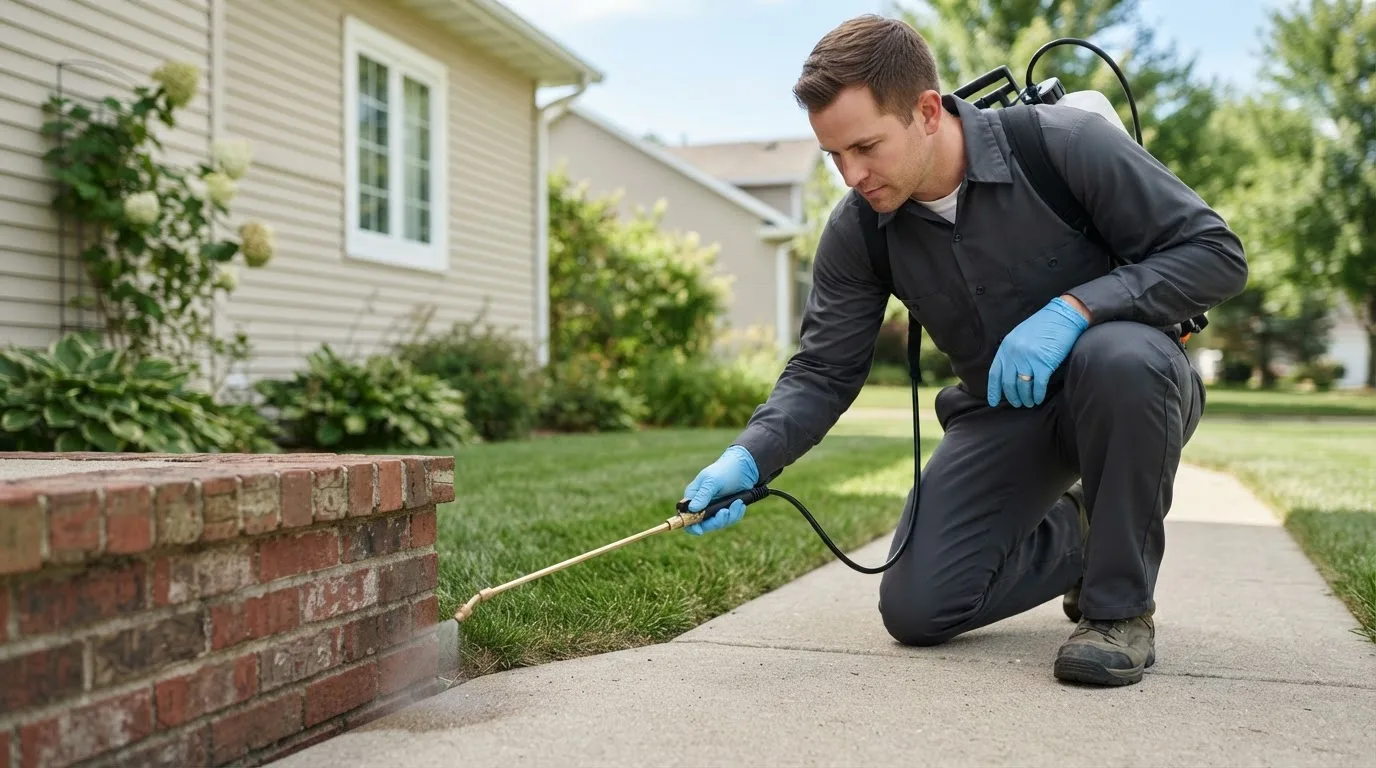Pest control technician treating a home near Haviland, KS